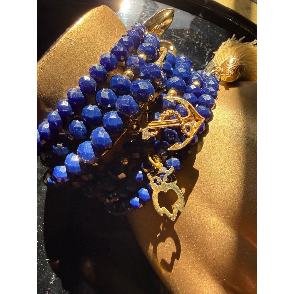 Handmade Royal Blue Crystal Beaded Bracelet Stack Set of 7 with Charms